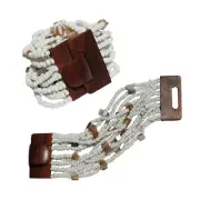 White Beaded Bracelet Glass Mother of Pearl Beads Elastic Wooden Clasp GIFT BOX