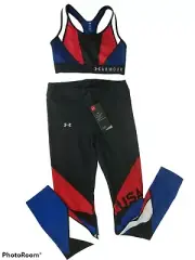 NWT Under Armour USA Bra and Compression Leggings workout set red, white, blue