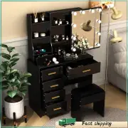 10 LED Bulbs Makeup Table Set with 6 Drawers and Shelves Dressing Desk Black
