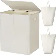 WOWLIVE 154L Double Laundry Hamper with Lid and Removable Laundry Bags, Large Dirty Clothes Hamper 2 section Collapsible Laundry Basket Dorm Room Storage for Bedroom, Bathroom, College,Beige