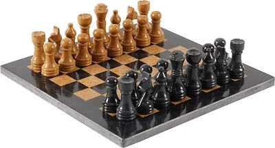 12 Inches Handmade Marble Black & Golden Weighted Full Chess Game Set