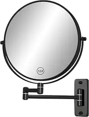 FFowcye 8" Wall Mounted Shaving Mirror, 1X/10X Double-Sided Magnifying Wall Mount Bathroom Vanity Mirror, 360° Swivel with Extension Arm, Black (No Light)