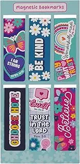 Christian Art Gifts Magnetic Inspirational Scripture Bookmark Set for Girls: Encouraging Bible Verses, Multicolor Pink & Teal Floral Rainbow Theme Pagemarkers for Books, Bibles, Fridges, 6 Piece Set