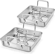 P&P CHEF Beer Can Chicken Holder with Roasting Pan Set, 9-inch Stainless Steel Square Baking Pan and Chicken Rack For Grilling, Heavy Duty & Dishwasher Safe, 4Pcs