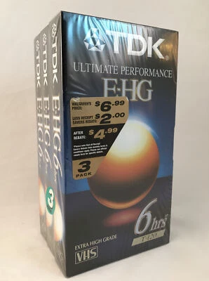 TDK E-HG Ultimate Performance T-120 Blank VHS/VCR Tapes 3 Pack Extra High Grade