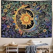 Sun and Moon Tapestry Psychedelic Mystic Floral Tapestry Hippie Boho Flower Plants Wall Tapestry Vintage Aesthetic Tapestry Wall Hanging for Bedroom