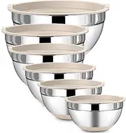 LIANYU Stainless Steel Mixing Bowls Set with Airtight Lids, 6 Piece Nesting Metal Bowls for Kitchen Baking Cooking Serving Food Storage, Size 7, 3.5, 2.5, 2, 1.5, 1QT, Non-slip Bottom, Khaki