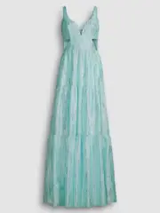 $330 Aidan by Aidan Mattox Womens Blue Organza Tiered Cutout Maxi Dress Size 6