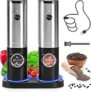 Electric Salt and Pepper Grinder Set with Type-C Charging Base, SIKITUT Automatic Pepper Mill Grinder Refillable Set, Rechargeable, Adjustable Coarseness, One Handed Operation, LED Light, 2 Pack