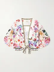 [Camilla] Camilla - Monserrate Magic Cropped Tie-front Crystal-embellished Printed Linen Top - White - XS/S XS/S White