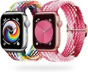 Stretchy Braided Bands Compatible with Apple Watch Band 40mm 42mm 38mm 44mm 45mm 41mm 49mm for Women men, Adjustable Sport Nylon Straps Replacement for Apple Watch 9 iWatch 8 Series SE/7/6/5/4/3/2, 2 packs