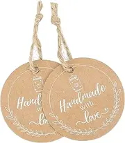 Joycraft 100Pcs Handmade Gift Tags - Brown Kraft Paper Round Hanging Labels With String for DIY Crafts, Small Business (2")