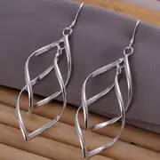 925 Sterling Silver Double Leaf Leaves Drop Dangle Pierced Earrings Womens Gift