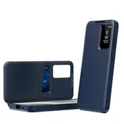 Smart View Window Leather Phone Case with Card Slot Blue For Samsung Galaxy S22 Ultra 5G
