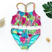 [LANREN] Girls Floral Printing Bathing Suits Ruffle Flounce Two Piece Swimsuits Multi STRPS Bikinis (Color : 9063, Size : 10 12 (L))