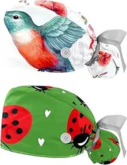 [YTYVAGT] 2-Pc,Nurse Scrub Caps,Scrub Hats with Buttons and Cotton Sweatband,Flower and Bird Butterfly