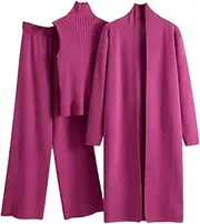 [Generic] Women 3Pc Suit Long Knit Coat Turtleneck Vest Tops Wide Leg Pant Matching Set Dressy Lounge Sets Travel Airport Outfits
