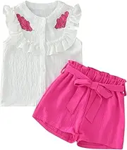 [Generic] Summer Toddler Girls Sleeveless Feather Prints Ruffles Tops Shorts Two Piece Outfits Set for Kids Clothes Toddler Clothes for Girls (Hot Pink, 1-2 Years)