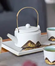 220ml Black White Chinese Teapot Ceramic Pottery Mountain Metal Handle GongFu