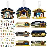 Cholemy 48 Sets Make a Nativity Scene Sticker Cardboard Ornament Craft Kit Christmas Nativity Stickers with Nativity Scene Cardboard and Rope Funny Christmas Crafts for Religious Kids Party Favor