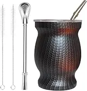 Beruth Bombilla Yerba Mate Gourd, 8oz Stainless Steel Tea Cup Set with a Multifunctional Lid, Two Straws and Cleaning Brushes, Double Walled Coffee Mug Heat Insulation Anti Scalding (Water Ripples)