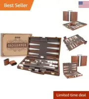 Premium Backgammon Set: 15" Board Game, Leather Case, Folding Board, Package