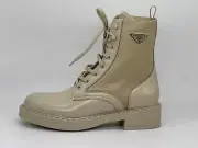 PRADA Nylon Brushed Leather Lace Up Combat Hiking Flat Triangle Logo Boots $1490
