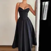 Spaghetti Strap V-Neck Plain Open-Back Slim-Fit Maxi A-Line Dress Black - M