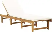 Folding Sun Lounger with Cushion - Adjustable Outdoor Chaise for Patio, Pool, or Indoor Use - Solid Acacia Wood Lounge Chair, 200x61 cm, Cream White Cushions