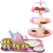 Abaodam 1 Set Realistic Tea Set for Safe Tinplate Simulation Tea Party Set with Teapot Cups and Dessert Tower Pretend Play Present