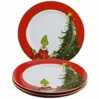 Dr Seuss Grinch Dinner Plates Set of 4 Christmas Holiday Red Gold Rim