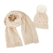 Elle Women's/Ladie's Diamond Acrylic Cosy Knitted Beanie & Scarf Set Cream