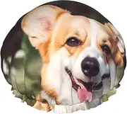 Happy Corgi Dog Shower Cap Reusable Waterproof Shower Bonnet for Women Men Elastic Band Bath Hair Hat Double Layered Washable Bath Cap for All Hairstyles, Travel-Friendly