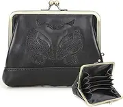 [CONTACTS] Full Grain Leather Kiss Lock Coin Purse for Women Fox Embroidery Coin Pouch Vintage Kiss Clasp Card Holder Small Change Purse (Black)