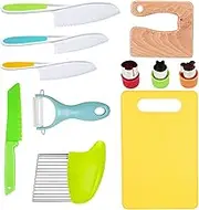 RISICULIS 11 Pieces Wooden Kids Kitchen Knife, Kids Knife Set Include Wood Kids Knife, Serrated Edges Plastic Toddler Knife, Crinkle Cutter, Sandwich Cutter, Y Peeler, Cutting Board