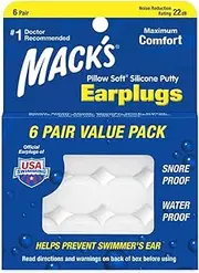 Mack's Pillow Soft Silicone Earplugs - 6 Pair, Value Pack – The Original Moldable Silicone Putty Ear Plugs for Sleeping, Snoring, Swimming, Travel, Concerts and Studying