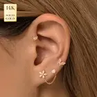 14K REAL Solid Gold Marquise Cubic Zirconia Flower Chain Double Stud Earring