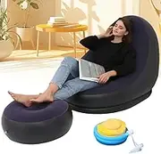 Inflatable Sofa, Multipurpose Inflatable Chair & Foot Stool with Flocked Finish and Foot Pump, Easy 3 Minute Inflation, Portable Blow Up Sofa for Indoor Outdoor Party Beach Travel Dark Blue