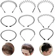 9pcs Metal Hair Band for Men Metal Headband Spring Wavy Hair Band Unisex Hairband for Men Women Sport Hair Hoop Non-slip Headwear Hair Accessories (Black)