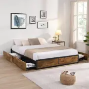 Levede Metal Queen Bed Frame with 4 Storage Drawers, Industrial Brown Mattress B