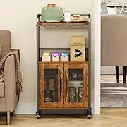 Hencawima Coffee cart Station with Wire Basket Drawer & 3 Hooks for Home Kitchen, Liquor Buffet Sideboard Cabinet (Rustic Brown)