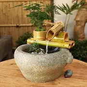 Bamboo Water Fountain with Pump Stone Bowl Tabletop Water Fall,Garden Home Decor Pump Vintage Decorate