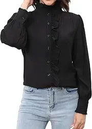 [SUNNOW] Womens Black Ruffle Button Up Shirt Subtly Sheer Tops Long Sleeve Casual Blouse