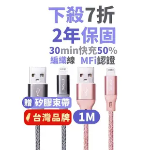 【PX 大通-】編織網快充線MFi認證UAL-1G iPhone蘋果手機線傳輸線1公尺灰色lightning充電線(USB)