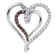 14k White Gold Brown Diamond Double Nested Heart Pendant 1/4 Cttw