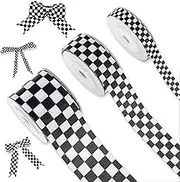 3 Rolls Checkered Ribbon, Black and White Printed Grosgrain Ribbon Racing Car Theme Plaid Ribbon Flag Checkered Ribbon for DIY Crafts Wreath Party Gift Packaging, 0.4, 0.87, 1.5 Inch Wide, 15 Yard