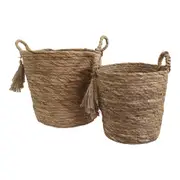 2pc Natural Rush/Cotton 25/30cm Boho Basket Set w/ Fringe Storage Decor Brown