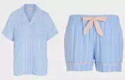 NEW PETER ALEXANDER BLUE TEXTURED SHIRT TOP + SHORTS PJ SET MEDIUM M RRP$129.90