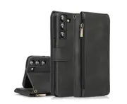 For Samsung Galaxy S22 Case, Leather Zipper Purse Flip Cover Case with Card Slot Holder Wrist Strap Lanyard (Black)