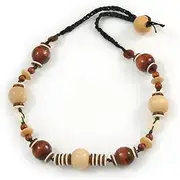 [Avalaya] Brown/Natural Wood and Acrylic Bead with Black Cotton Cord Necklace - 60cm L, One Size, Plastic Wood